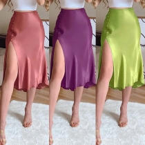 Sexy High Waist Slit Hem Solid Color Skirt
