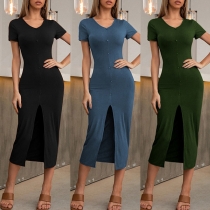 Chic Style Short Sleeve V-neck Slit Hem Solid Color Slim Fit Dress