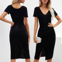 Elegant Solid Color Short Sleeve V-neck Slit Hem Slim Fit Dress