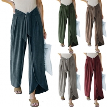 Chic Style Lace-up High Waist Solid Color Loose Pants