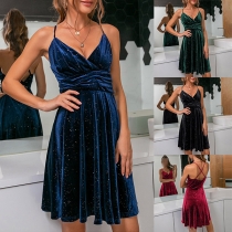 Sexy Backless V-neck High Waist Solid Color Sling Party Dress