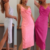 Sexy Backless V-neck Slit Hem Slim Fit Sling Leopard Printed Party Dress