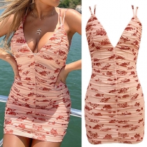 Sexy Backless Deep V-neck Slim Fit Sling Printed Wrinkled Dress