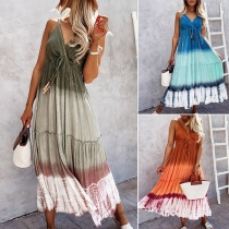 Bohemian Style Backless V-neck Tie-dye Printed Sling Dress