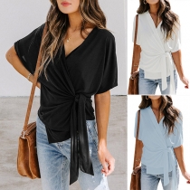 Chic Style Short Sleeve V-neck Irregular Hem Lace-up Top