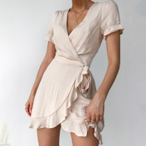 Sexy V-neck Irregular Ruffle Hem Lace-up Solid Color Dress
