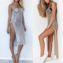 Sexy Backless V-neck Slit Hem Sling See-through Gauze Beach Dress