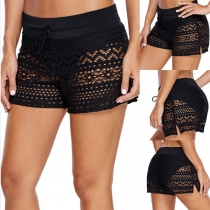 Fashion Lace Spliced Elastic Drawstring Waist Solid Color Swimming Shorts