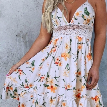 Sexy Backless V-neck Lace Spliced Hollow Out High Waist Sling Printed Dress