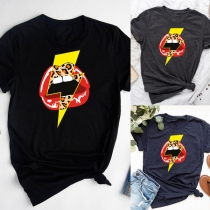 Casual Style Short Sleeve Round Neck Lightning Lip Pattern T-shirt