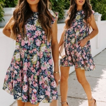 Fresh Style Ruffle Cuff Sleeveless Round Neck Loose Printed Dress