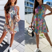 Retro Style Off-shoulder Ruffle Hem Printed Halter Dress