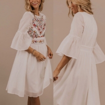 Bohemian Style 3/4 Trumpet Sleeve Round Neck Embroidered Dress