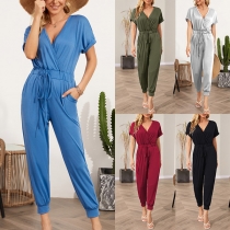 Sexy V-neck Short Sleeve Drawstring High Waist Solid Color Jumpsuit