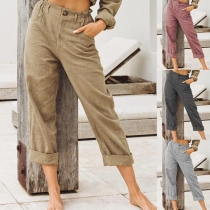 Casual Style High Waist Solid Color Cotton Linen Pants