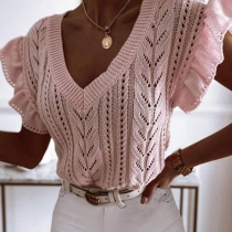 Sweet Style Ruffle Cuff Sleeveless V-neck Solid Color Knit Top