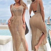 Sexy Backless V-neck Slit Hem Hollow Out Knit Sling Beach Dress Bikini Smock