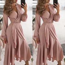 Sexy V-neck Lantern Sleeve Irregular Ruffle Hem Solid Color Dress