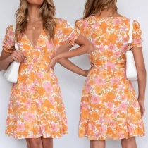 Fresh Style Short Sleeve V-neck High Waist Ruffle Hem Printed Dress