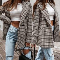 OL-stil Långärmad dubbelknäppt Slim Fit Plaid Blazer