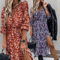 Retro Style Long Sleeve V-neck Slit Hem Front-button Printed Dress