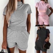Casual Style Short Sleeve Round Neck T-shirt + Elastic Waist Shorts Two-piece Set