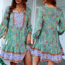 Bohemian Style 3/4 Trumpet Sleeve Square Collar Printed Dress