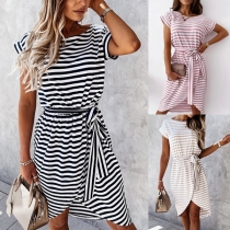 Fashion Short Sleeve Round Neck Irregular Hem Tie-belt Stripe Dress