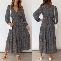 Sexy Deep V-neck Long Sleeve High Waist Printed Maxi Dress