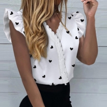 Sweet Style Ruffle Cuff Lace-trim V-neck Heart Printed Blouse