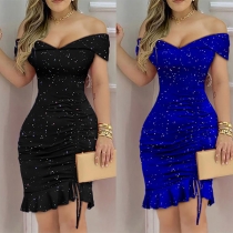 Sexy Off-shoulder V-neck Irregular Ruffle Hem Slim Fit Shinning Party Dress