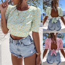 Sexy Lace-up Backless Short Sleeve Round NeckPrinted Top