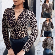 Sexy Deep V-neck Long Sleeve Leopard Printed Twisted T-shirt