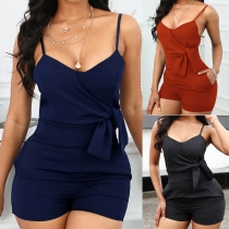 Sexy Backless V-neck Side Lace-up Solid Color Slim Fit Sling Jumpsuit