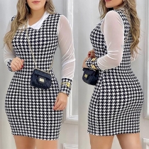 Sexy Gauze Spliced Long Sleeve Slim Fit Houndstooth Dress