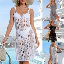 Sexy Backless Slit Hem Solid Color Hollow Out Sling Beach Dress