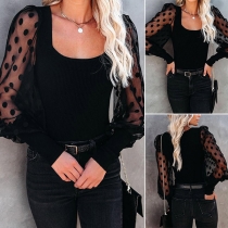 Sexy Dots Gazue Spliced Long Sleeve Square Collar Top