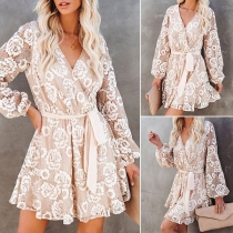 Bohemian Style Lantern Sleeve V-neck Ruffle Hem Tie-belt Lace Dress