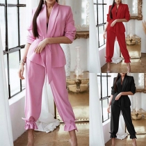 OL Style Solid Color Long Sleeve Lapel Coat + Pants Two-piece Set