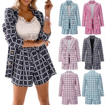 OL Style Long Sleeve Slim Fit Plaid Blazer + Shorts Two-piece Set