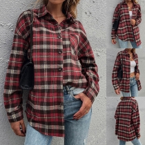 Retro Style Long Sleeve POLO Collar Single-breasted Plaid Shirt