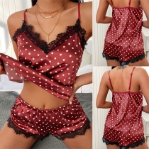 Sexig rygglös V-ringad spets skarvad prickar tryckt Sling Top + Shorts Nattkläder Set (Storlek Run Small)