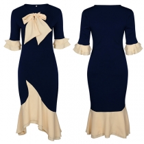 Sweet Style Contrast Color Ruffle Cuff Bow-knot Round Neck Irregular Hem Dress