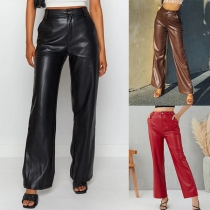 Enfärgade PU-läderbyxor med hög midja för stilren look