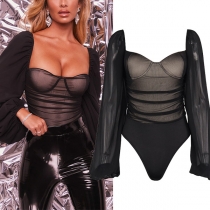 Sexy Backless Square Collar Lantern Sleeve Gauze Spliced Bodysuit
