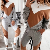 Fashion Contrast Color Long Sleeve Round Neck Sweatshirt + Pants Two-piece Set