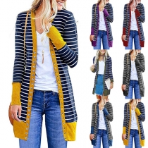 Modekontrastfärgad randig långärmad cardigan med frontknappar