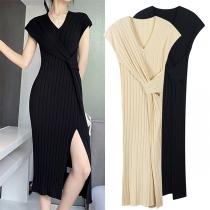 Sexy Slit Hem Short Sleeve V-neck Solid Color Twisted Dress