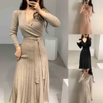 Sexy V-neck Long Sleeve Pleated Hem Tie-belt Solid Color Knit Dress