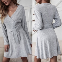 Sexy V-neck Long Sleeve Tie-belt Solid Color Dress